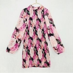 Revamped Smocked Floral Rose Long Sleeve Mini Dress Sz Large